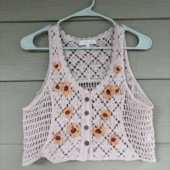 Rebellion Tops - Rebellion Crochet Crop Top in Light Pink with Sunflower Embroidery